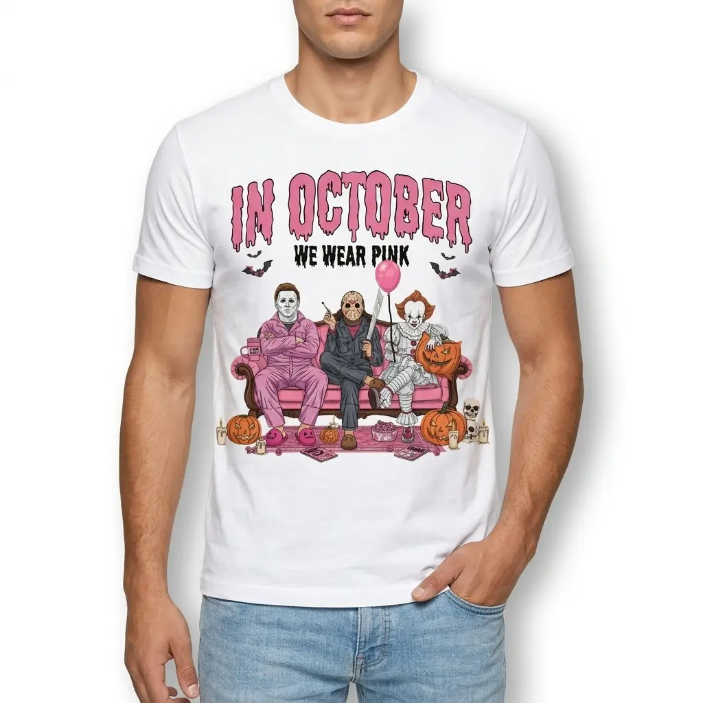 In October We Wear Pink Horror Villains Halloween Shirt 3 Halloween shirt with pink-themed horror villains.