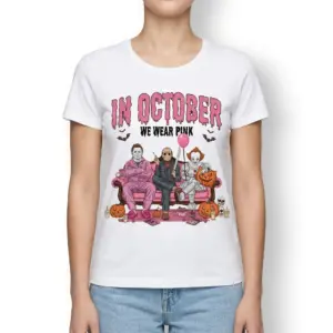 In October We Wear Pink Horror Villains Halloween Shirt 9 In October We Wear Pink shirt with horror theme.