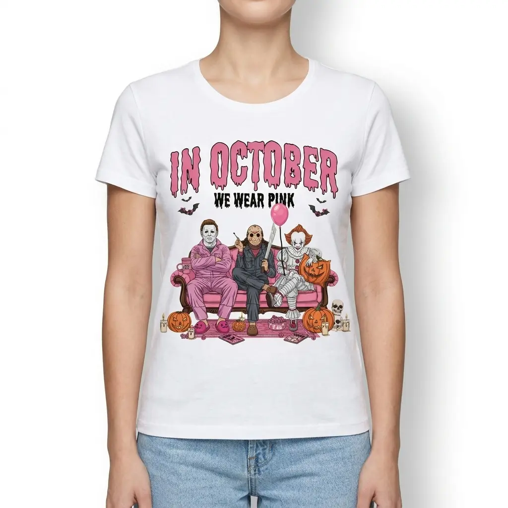 In October We Wear Pink Horror Villains Halloween Shirt 4 In October We Wear Pink shirt with horror theme.