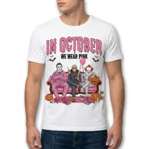 In October We Wear Pink Horror Villains Halloween Shirt 10 Horror villains in pink on Halloween shirt.