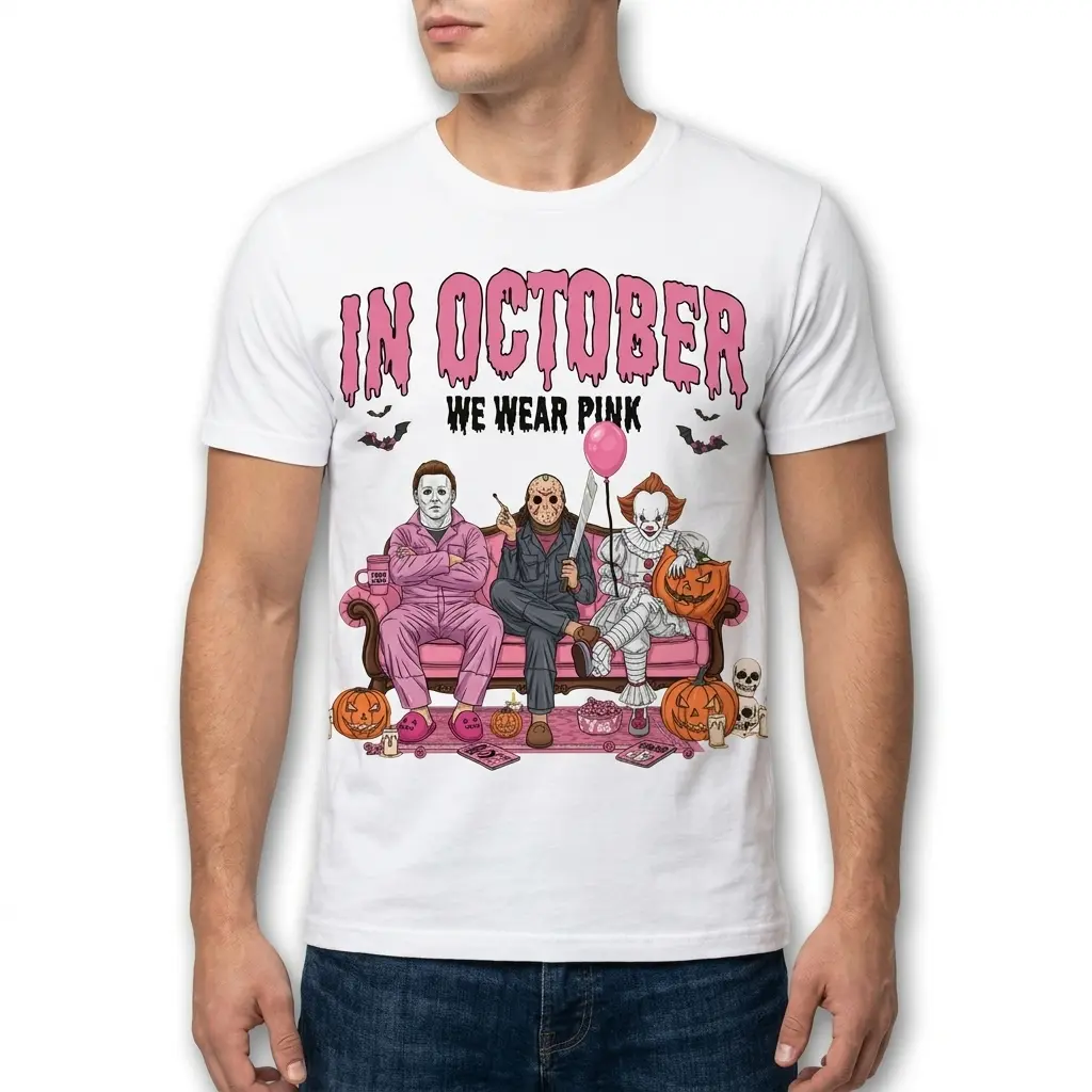 In October We Wear Pink Horror Villains Halloween Shirt 5 Horror villains in pink on Halloween shirt.
