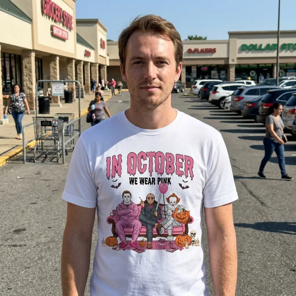 In October We Wear Pink Horror Villains Halloween Shirt 6 Person wearing Halloween shirt with pink-themed villains.