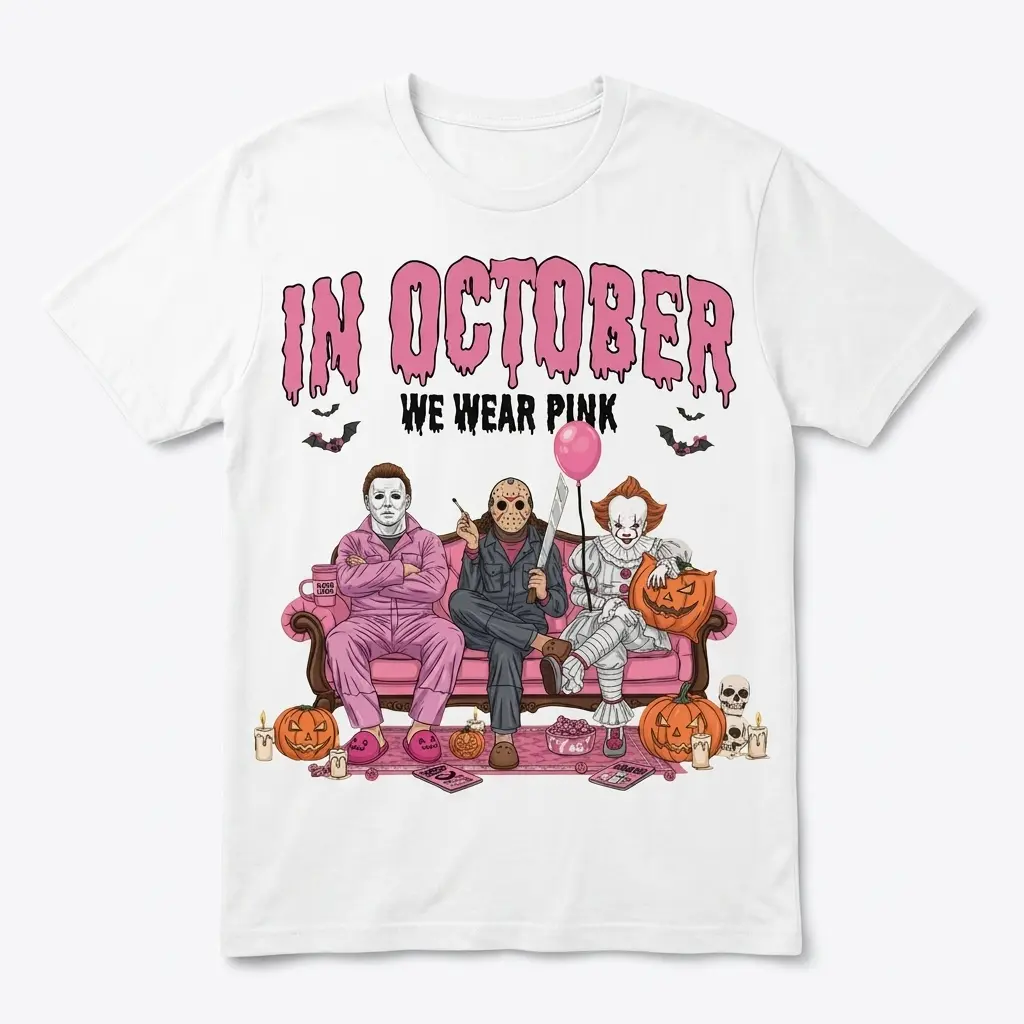 In October We Wear Pink Horror Villains Halloween Shirt 1 Halloween shirt with horror villains in pink theme on couch.
