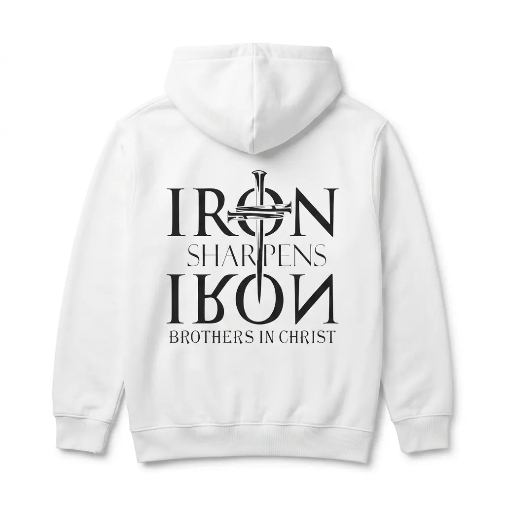 Back view of a white Christian brotherhood t-shirt with bold text and a sword graphic.