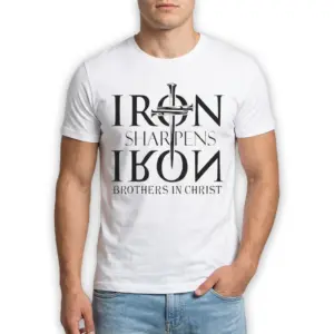 Iron Sharpens Iron Christian Brotherhood T-Shirt 8 Close-up of 'Iron Sharpens Iron' text on a white shirt, showcasing typography and design.