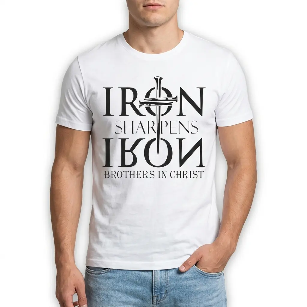 Close-up of 'Iron Sharpens Iron' text on a white shirt, showcasing typography and design.