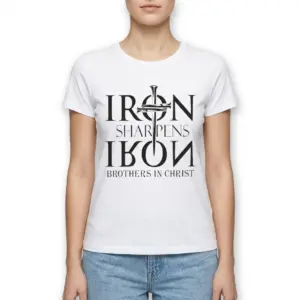Iron Sharpens Iron Christian Brotherhood T-Shirt 9 Flat lay of the white t-shirt displaying the 'Iron Sharpens Iron' message prominently.
