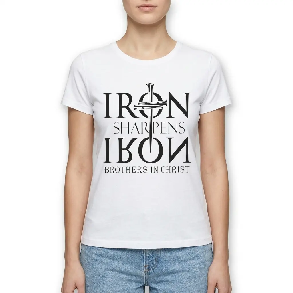 Flat lay of the white t-shirt displaying the 'Iron Sharpens Iron' message prominently.