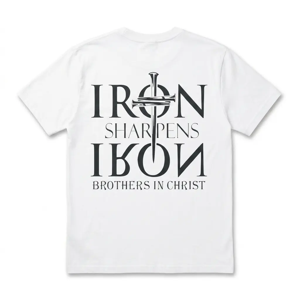White t-shirt featuring the text 'Iron Sharpens Iron' with a cross design.