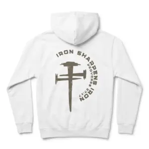 Iron Sharpens Iron Proverbs 27:17 Christian Cross T-Shirt 7 Front view of a white shirt with small cross design.
