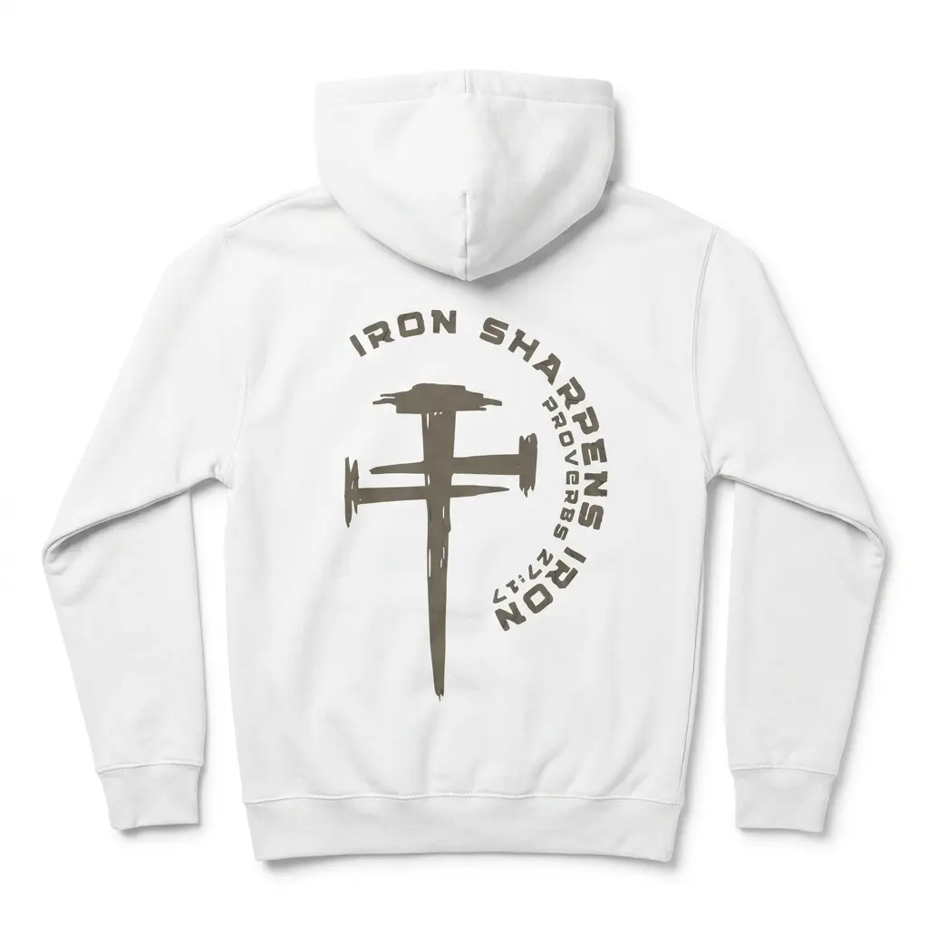 Front view of a white shirt with small cross design.