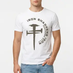 Iron Sharpens Iron Proverbs 27:17 Christian Cross T-Shirt 8 Close-up of Proverbs 27:17 text and cross design on the white shirt back.