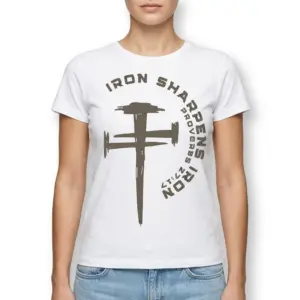 Iron Sharpens Iron Proverbs 27:17 Christian Cross T-Shirt 9 Angled view of white shirt showing side of cross design.