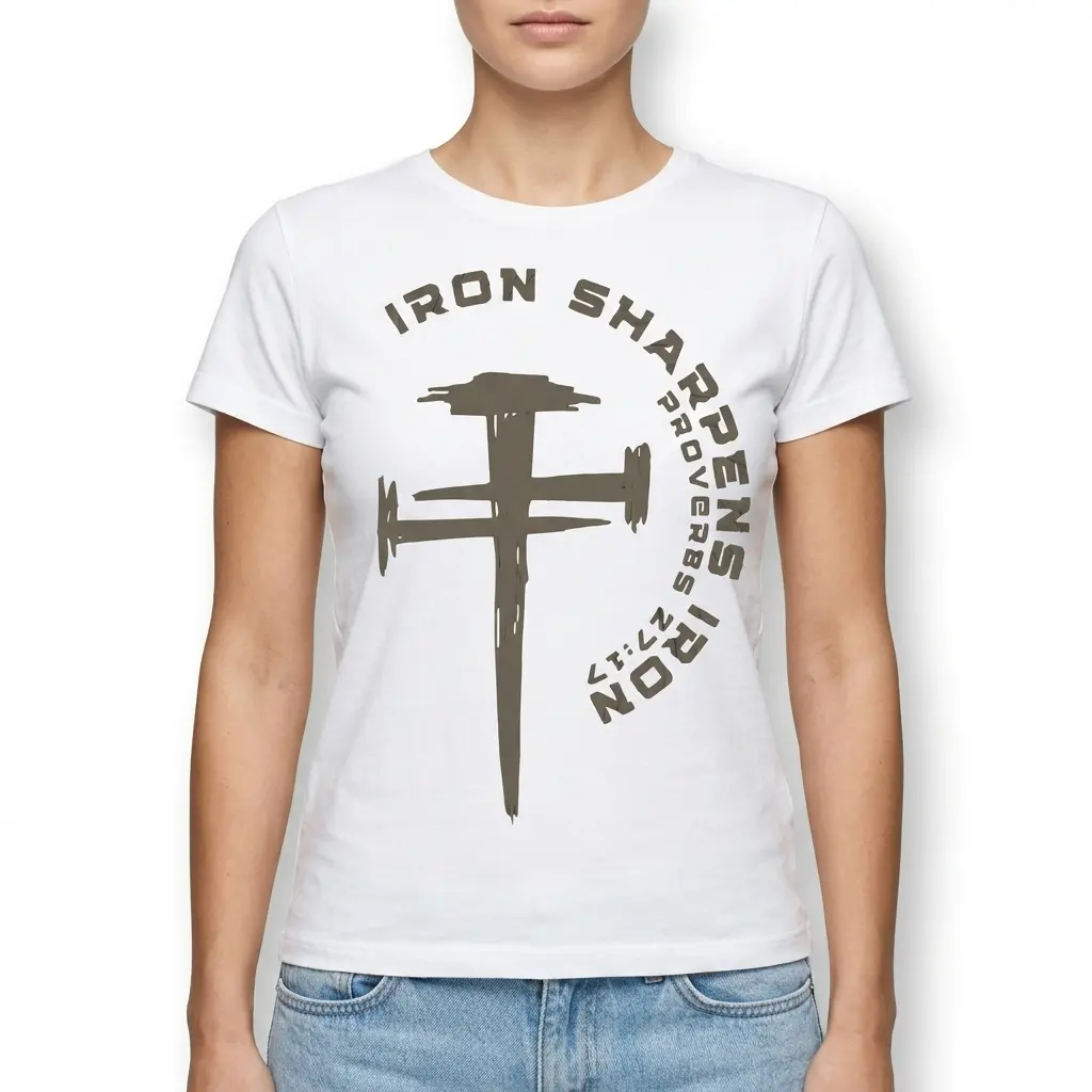Angled view of white shirt showing side of cross design.