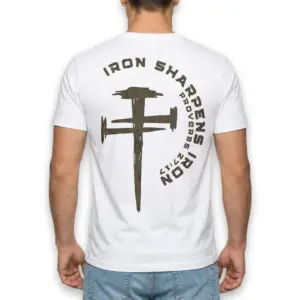 Iron Sharpens Iron Proverbs 27:17 Christian Cross T-Shirt 10 Detailed look at textured wooden cross design on shirt.