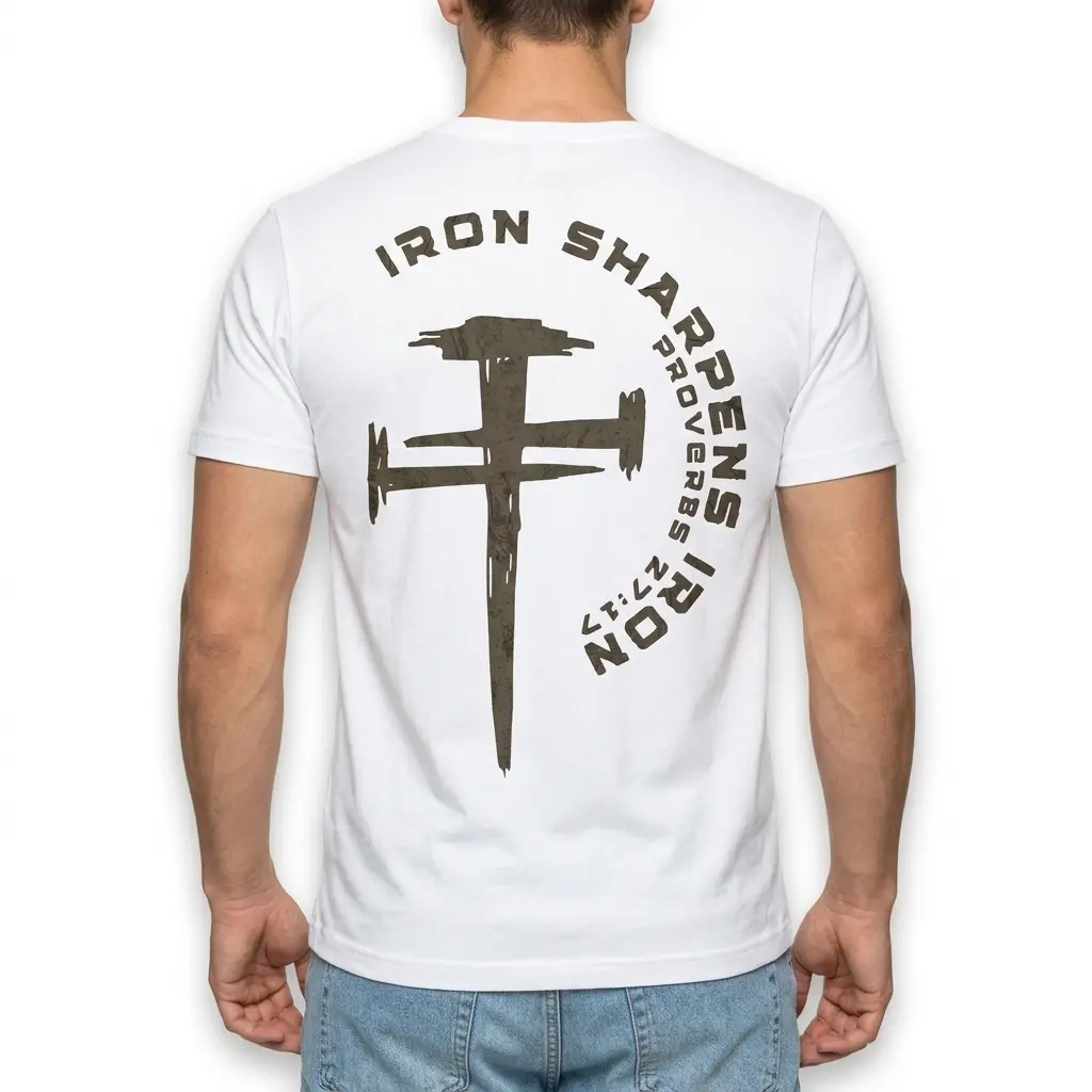 Detailed look at textured wooden cross design on shirt.