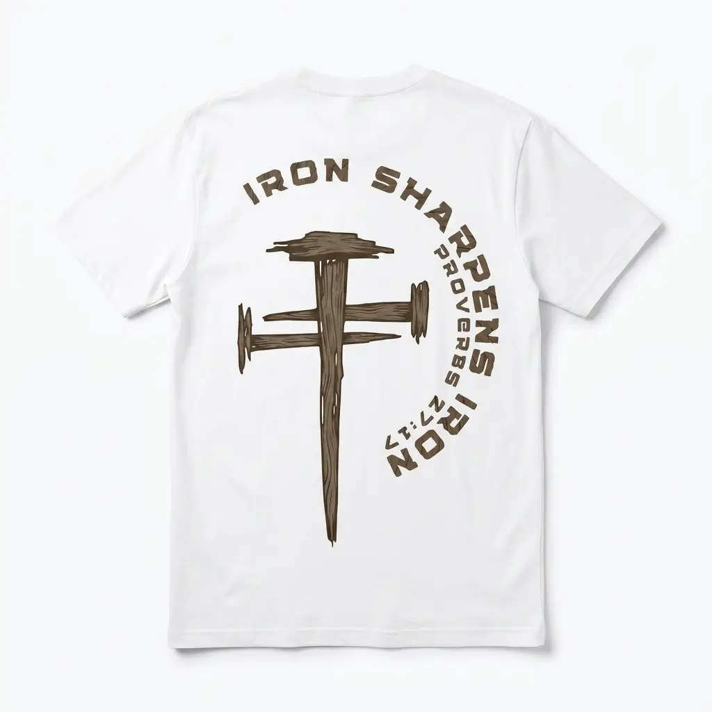 White shirt with 'Iron Sharpens Iron Proverbs 27:17' and wooden cross design on the back.