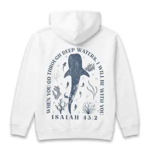 Isaiah 43:2 Whale Shark Christian T-Shirt 7 Back view of white shirt showing whale shark and biblical verse design.