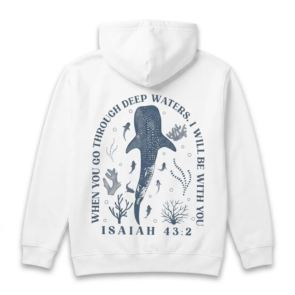 Back view of white shirt showing whale shark and biblical verse design.