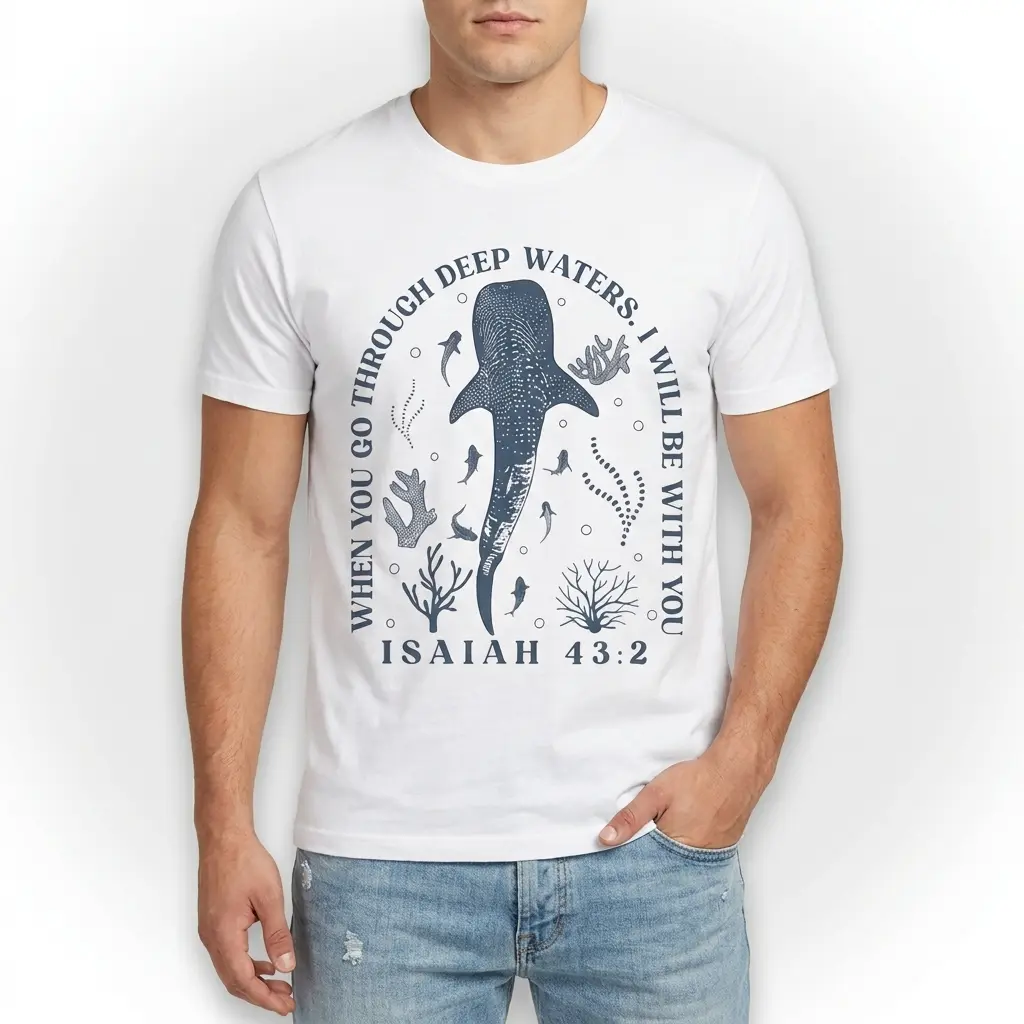 Close-up of whale shark graphic and religious text on white T-shirt.