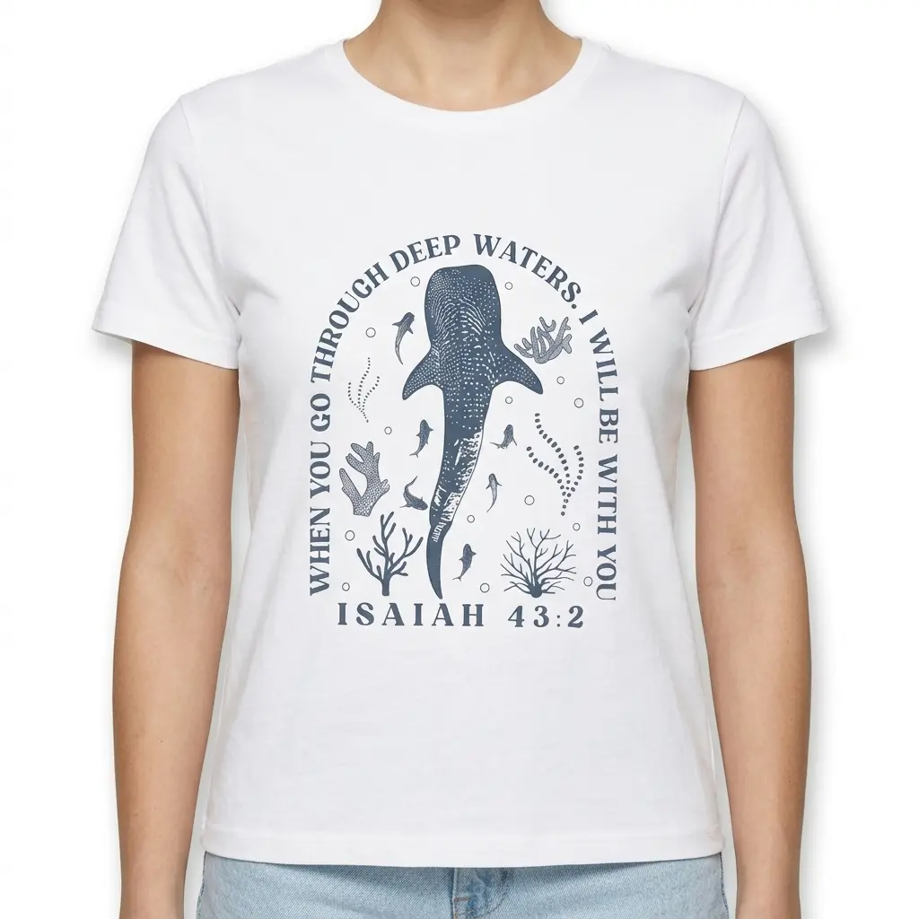 Detailed view of Isaiah 43:2 text and shark design on white T-shirt.