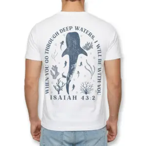 Isaiah 43:2 Whale Shark Christian T-Shirt 10 White Christian T-shirt with whale shark and scripture print.