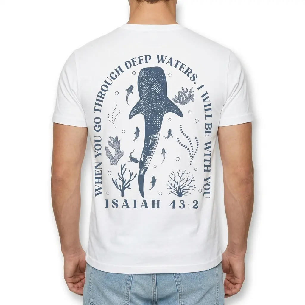 White Christian T-shirt with whale shark and scripture print.