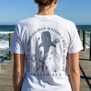 Isaiah 43:2 Whale Shark Christian T-Shirt 11 Person wearing a Christian T-shirt with a whale shark and biblical verse design.