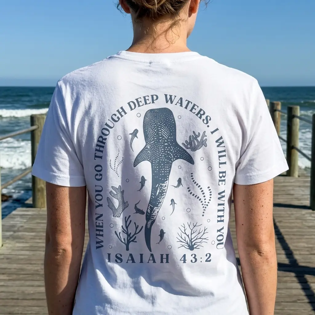Person wearing a Christian T-shirt with a whale shark and biblical verse design.