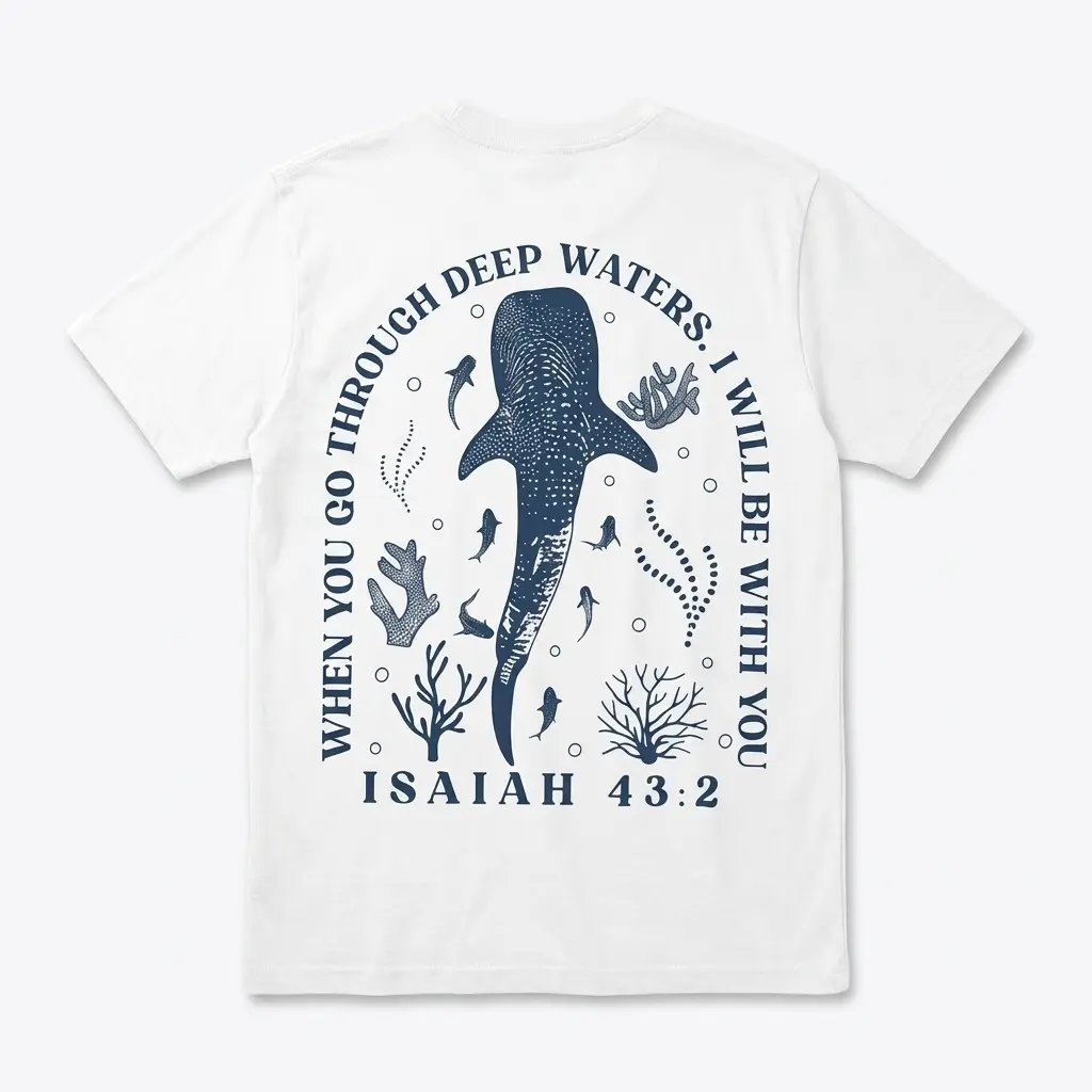 White T-shirt featuring a whale shark illustration with Isaiah 43:2 verse.