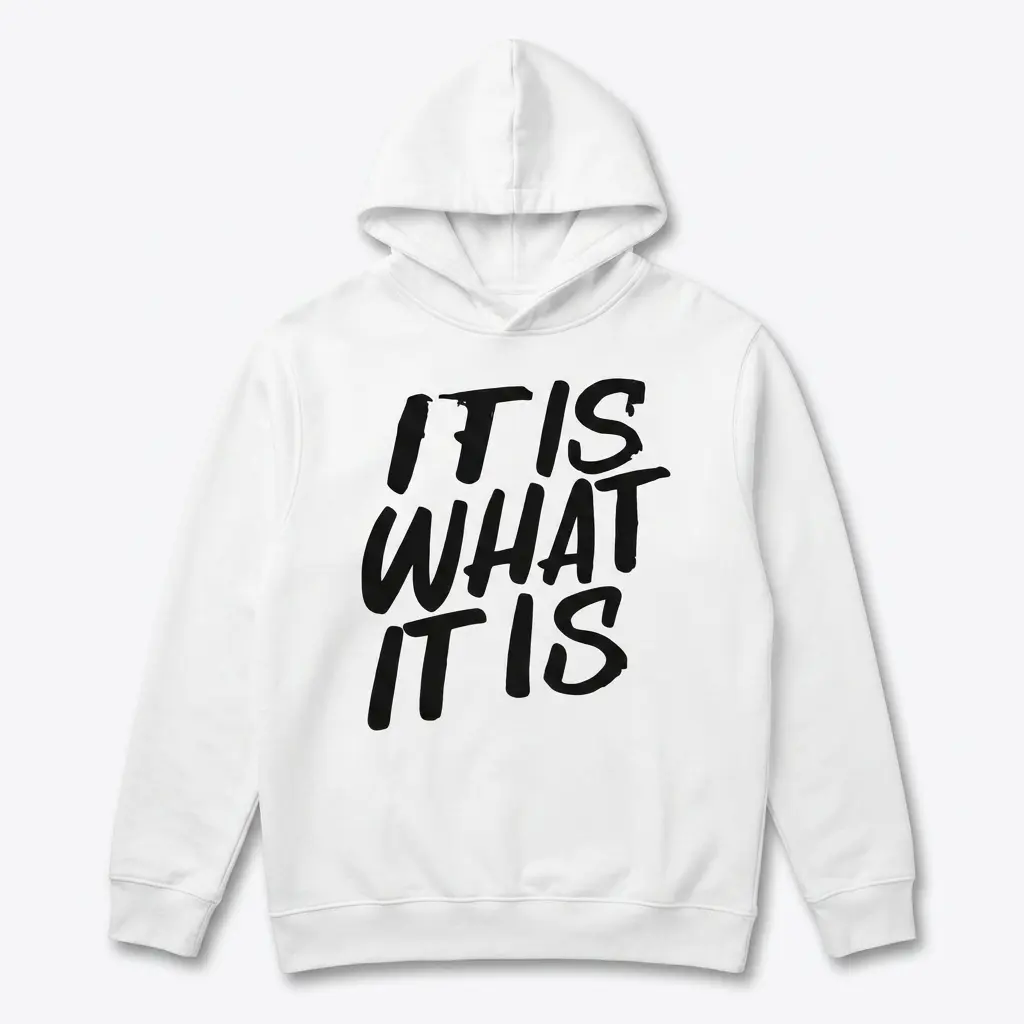 Front view of a white t-shirt showcasing the phrase, 'IT IS WHAT IT IS' in a modern font.