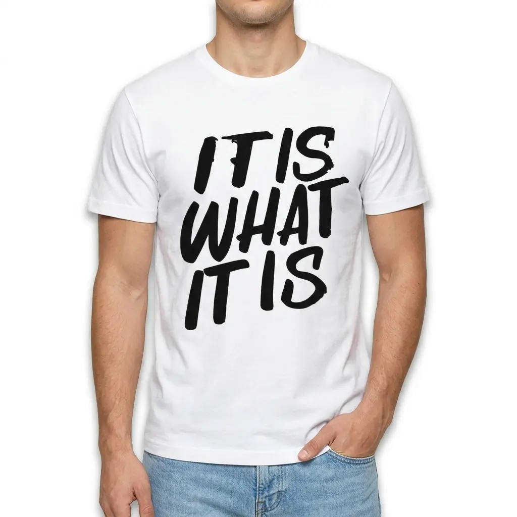 Close-up of a white shirt with the phrase 'IT IS WHAT IT IS' prominently displayed in black.
