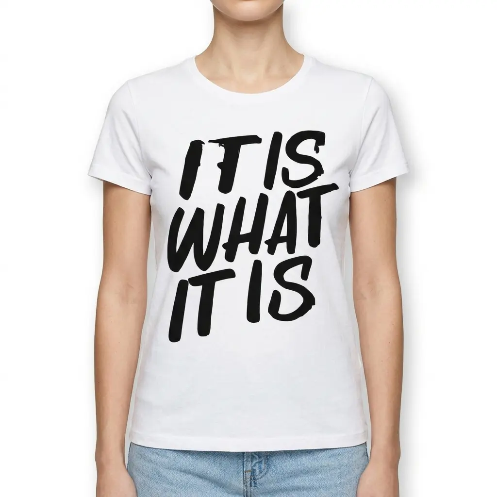 Casual white t-shirt design featuring large black lettering stating, 'IT IS WHAT IT IS'.