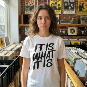 It Is What It Is Graphic T-Shirt 11 Model wearing a white graphic t-shirt with 'IT IS WHAT IT IS' text, styled casually.