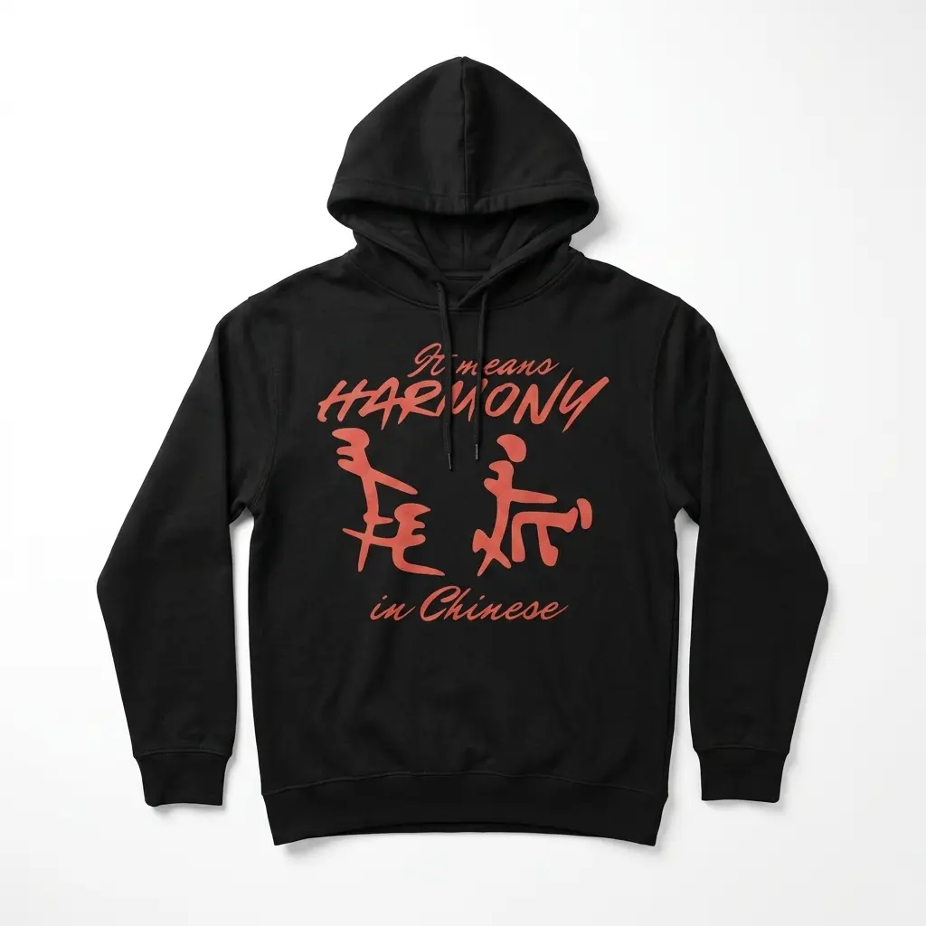 Flat lay of a black T-shirt featuring a funny red graphic 'It Means Harmony In Chinese'.