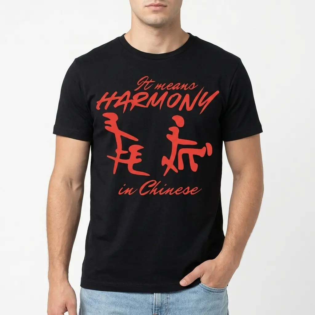Black shirt displaying a whimsical text in red, 'It Means Harmony In Chinese'.