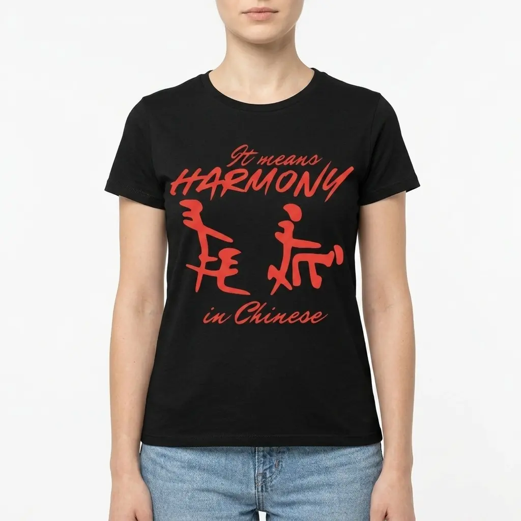 Humorous black T-shirt with red text 'It Means Harmony In Chinese' on front.