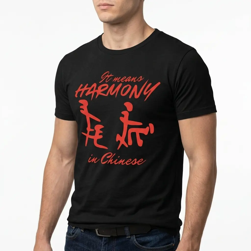 Black graphic tee showcasing 'It Means Harmony In Chinese' in red lettering.
