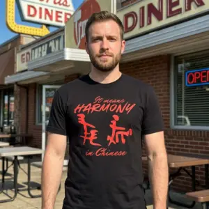 It Means Harmony In Chinese Funny Graphic Tee 11 Person wearing a black shirt with a red humorous design 'It Means Harmony In Chinese'.