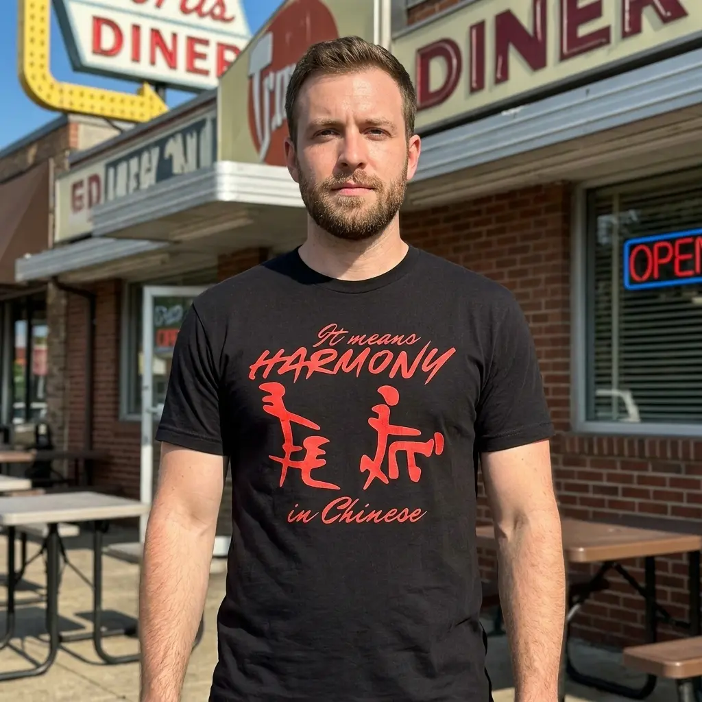 Person wearing a black shirt with a red humorous design 'It Means Harmony In Chinese'.