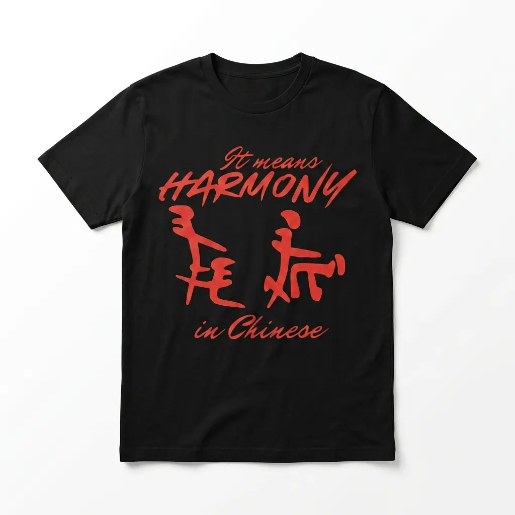 Black tee with humorous red text design that reads 'It Means Harmony In Chinese'.