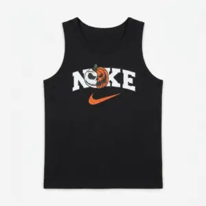 Jack Skellington Pumpkin Halloween Sports Parody Tee 7 Black tank top featuring a Jack Skellington pumpkin design in the 'Noke' logo with an orange swoosh, flatlay view.