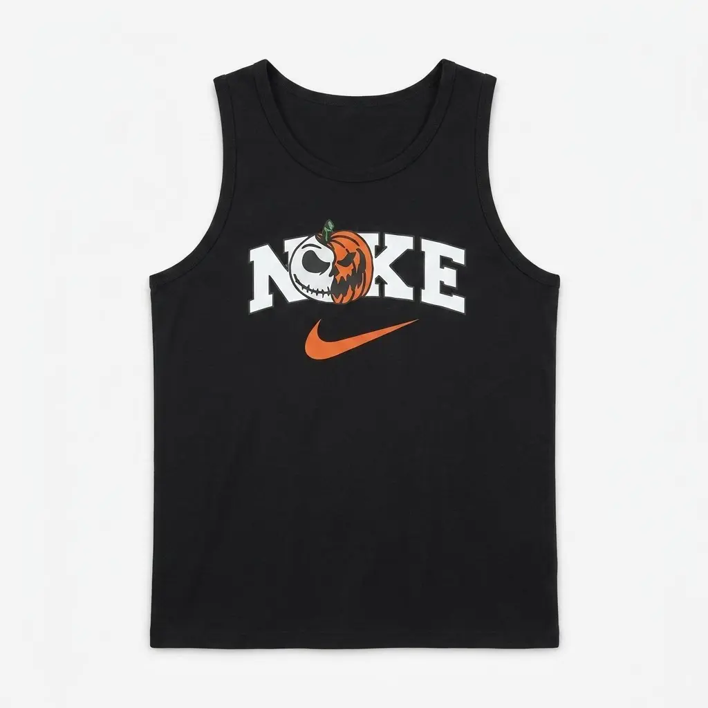Jack Skellington Pumpkin Halloween Sports Parody Tee 2 Black tank top featuring a Jack Skellington pumpkin design in the 'Noke' logo with an orange swoosh, flatlay view.