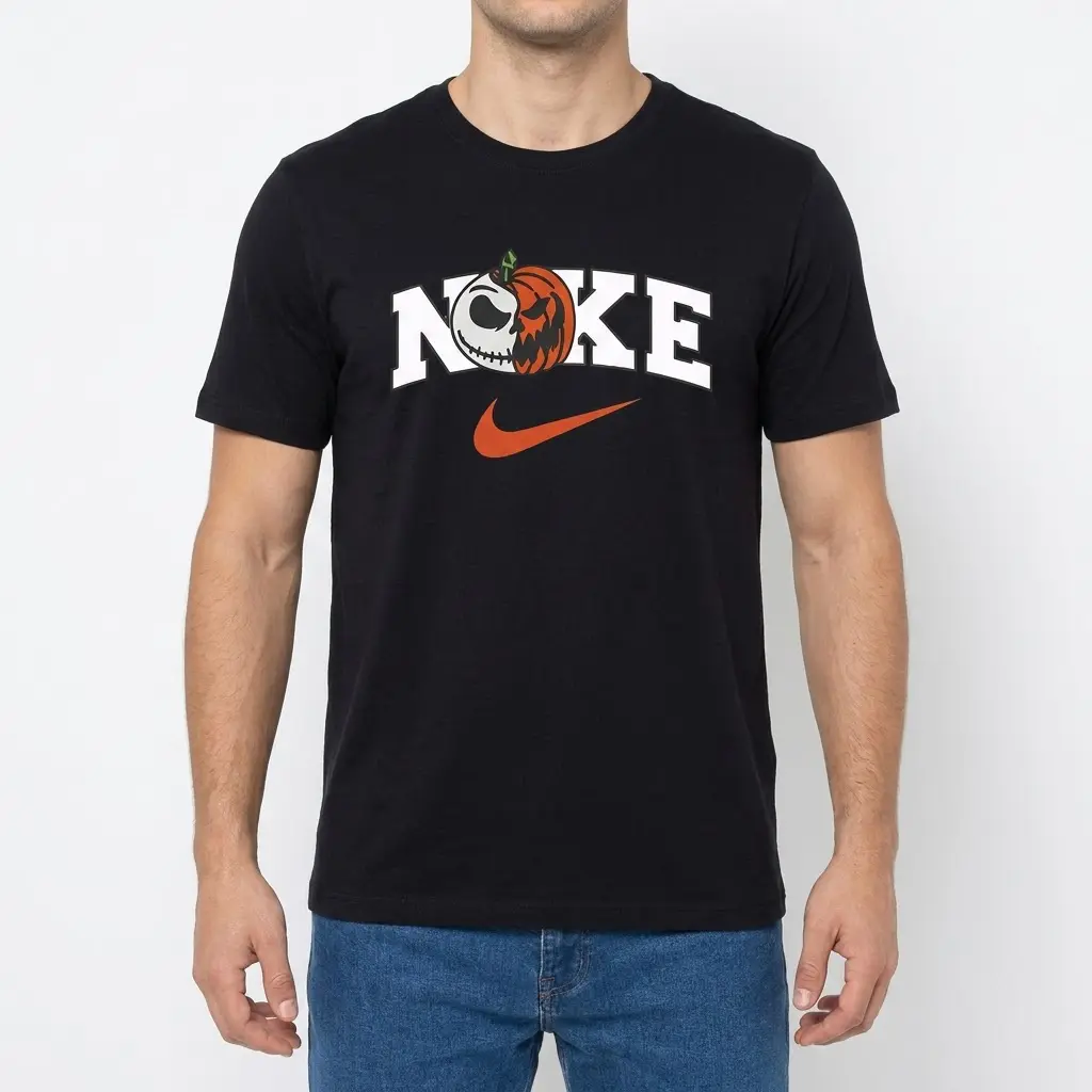 Jack Skellington Pumpkin Halloween Sports Parody Tee 3 Front view of a man wearing a black Jack Skellington pumpkin sports parody t-shirt with the stylized 'Noke' logo and orange swoosh.
