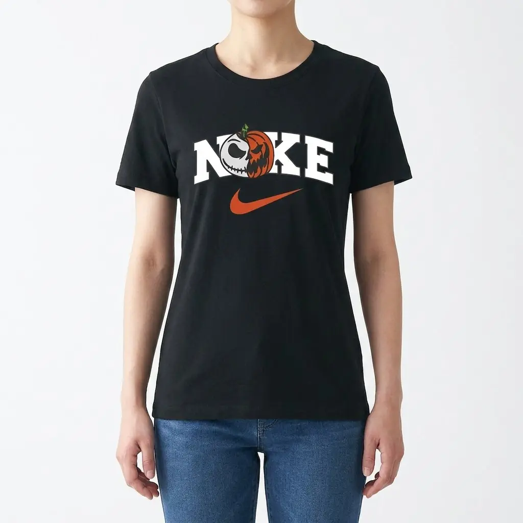 Jack Skellington Pumpkin Halloween Sports Parody Tee 4 Woman modeling a black t-shirt with a spooky Jack Skellington pumpkin sports parody graphic in the 'Noke' logo, front view.