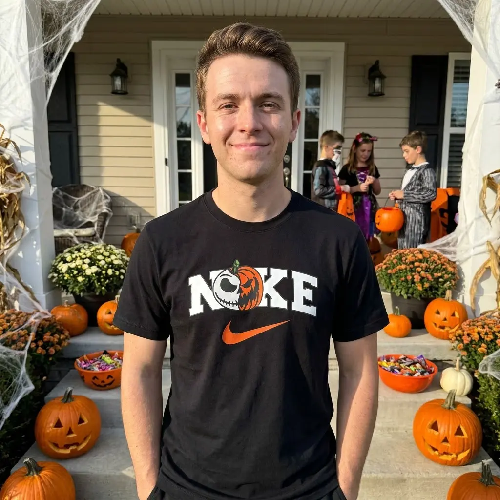 Jack Skellington Pumpkin Halloween Sports Parody Tee 5 Black Jack Skellington pumpkin tee with a humorous sports logo, embodying a festive streetwear style for Halloween.