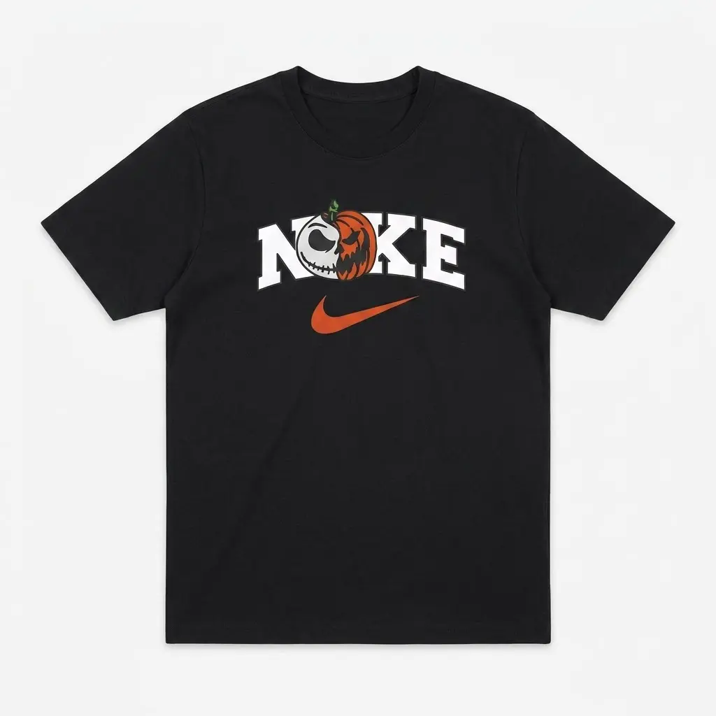 Jack Skellington Pumpkin Halloween Sports Parody Tee 1 Black t-shirt with a 'Noke' logo where the 'N' is Jack Skellington's face and 'O' is a carved pumpkin, an orange swoosh below.