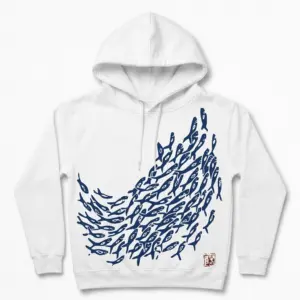 Japanese School of Fish Graphic T-Shirt 7 Front view of shirt featuring blue fish pattern.