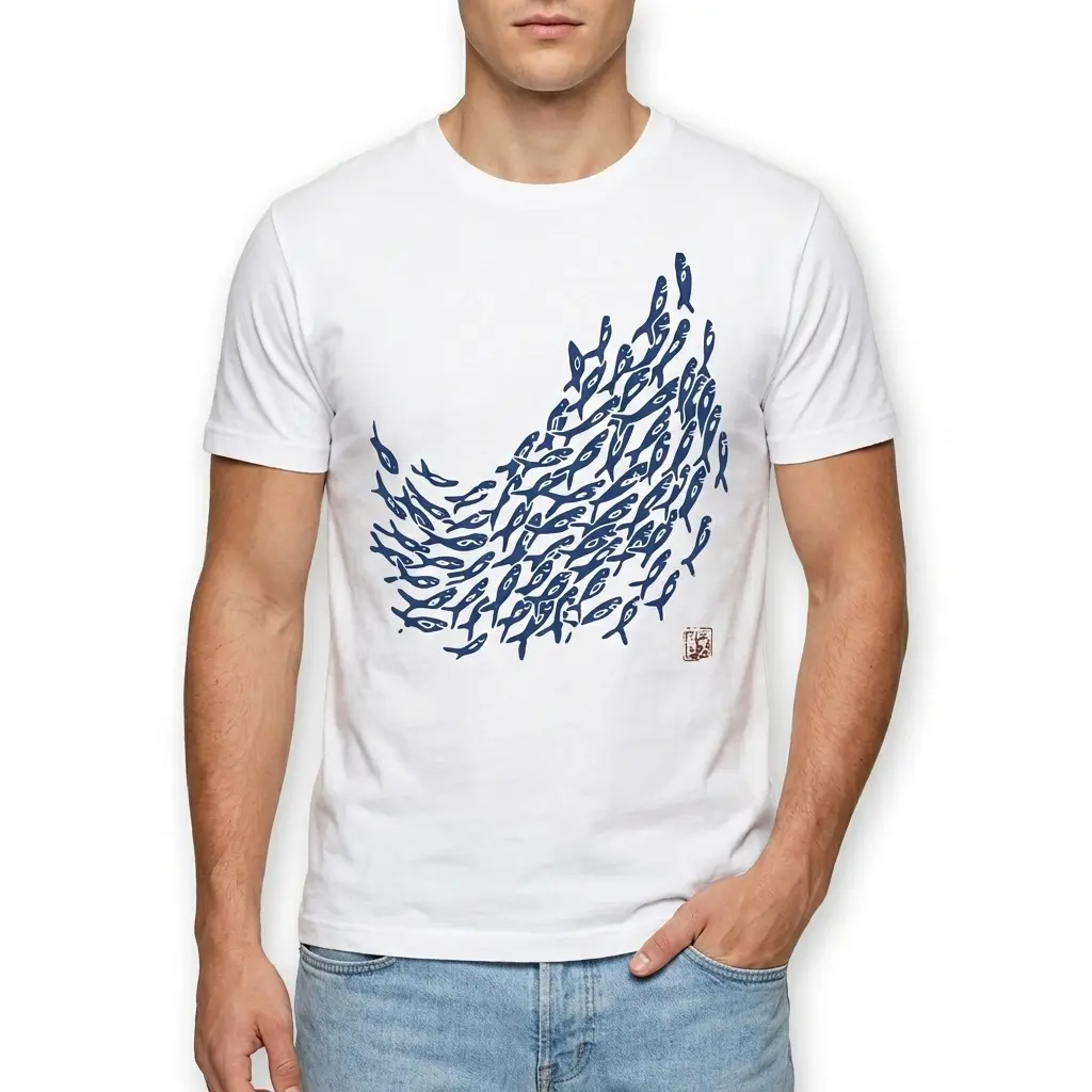 Close-up of artistic fish design on shirt.