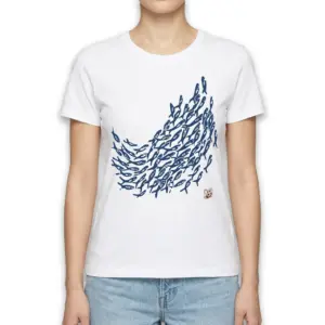 Japanese School of Fish Graphic T-Shirt 9 Blue fish graphic on white T-shirt, angled view.